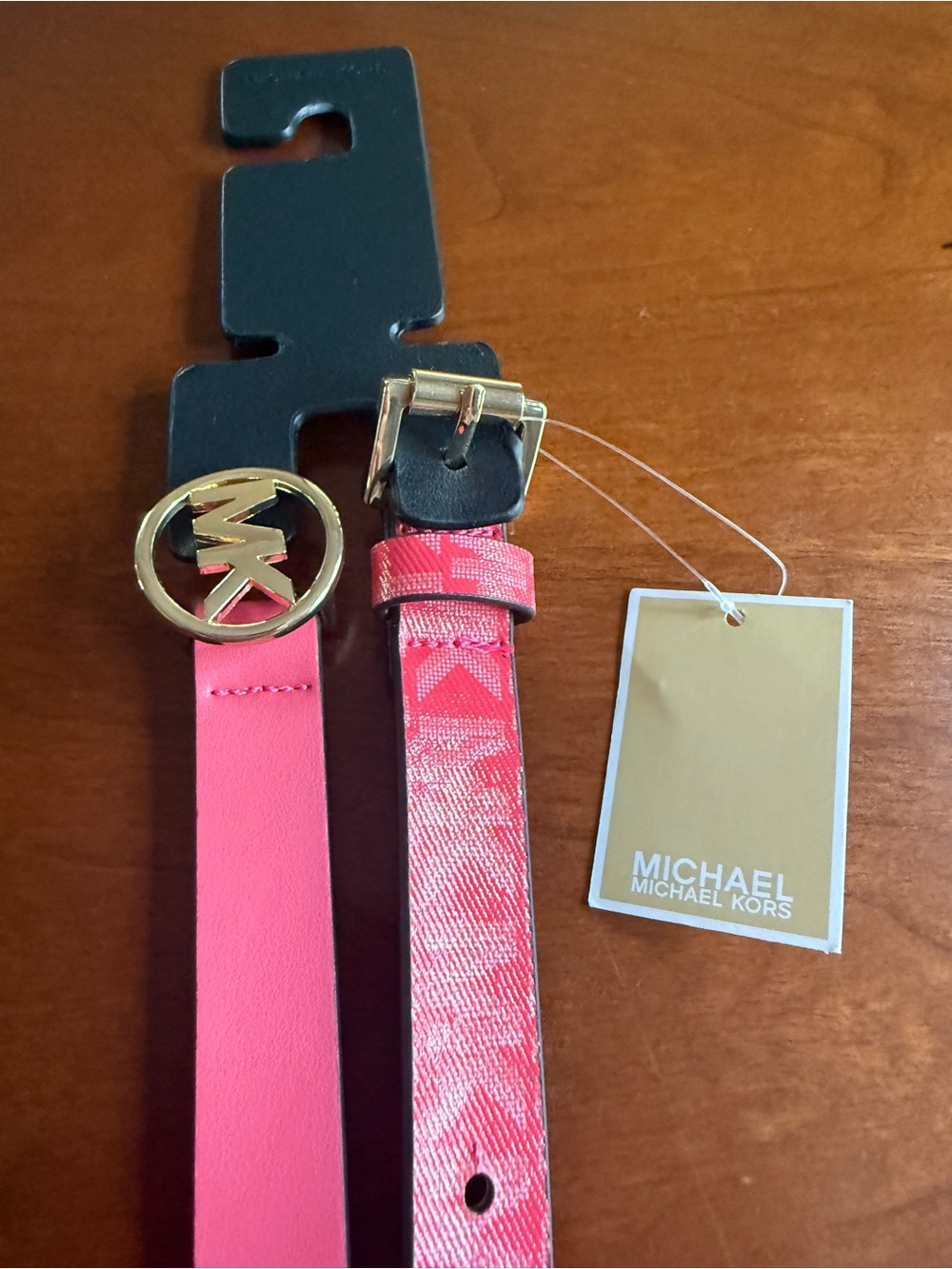 Michael Kors Pink Double wrap Logo Belt with Gold MK Medallion